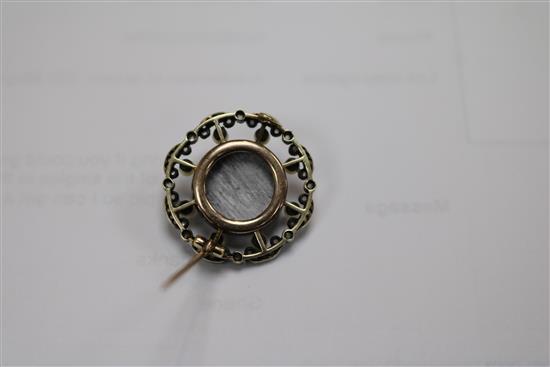 An Edwardian gold and silver, pearl, diamond and guilloche enamel circular brooch, 1in.
